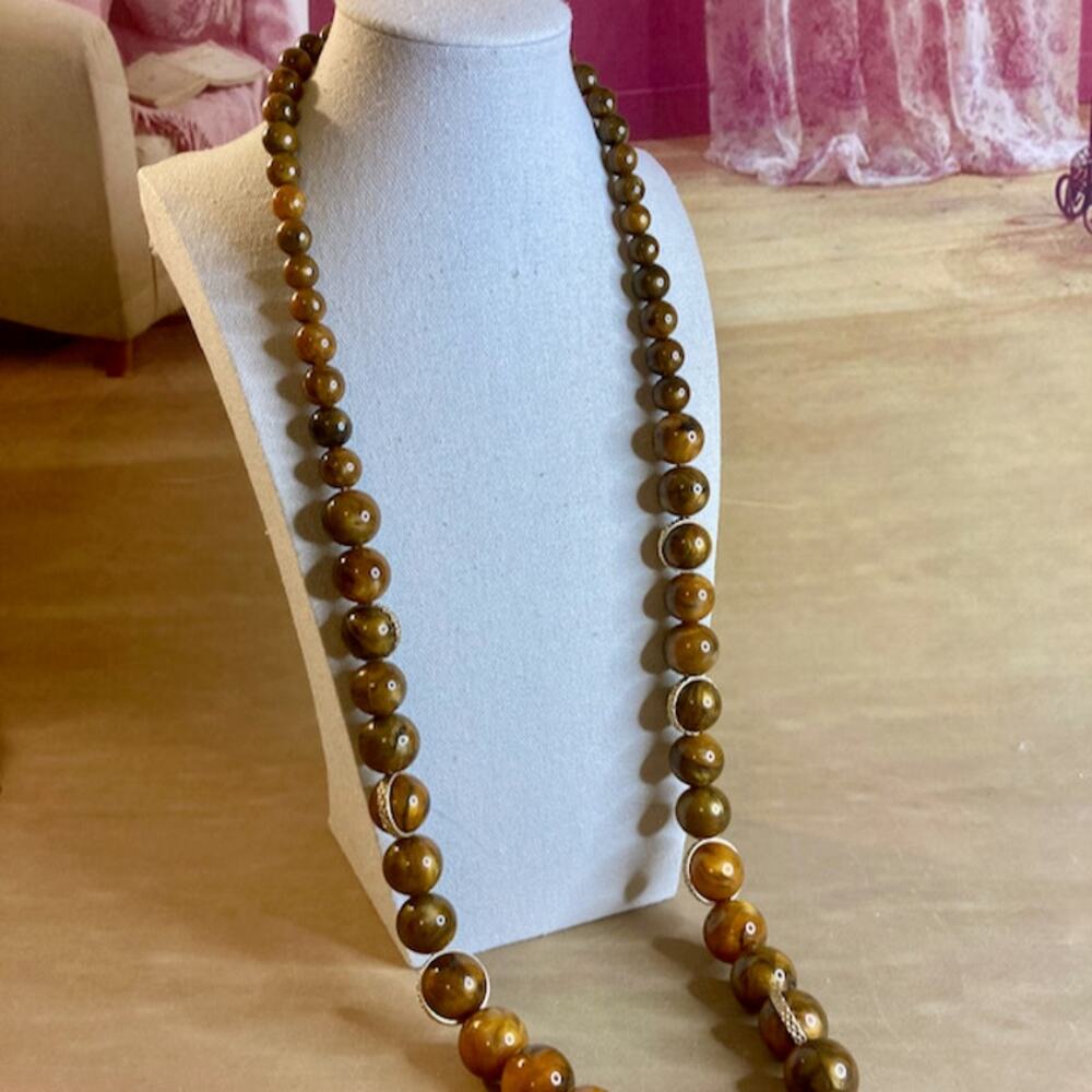 0115 Dana Buchman Acrylic Tiger's Eye Graduated Bead Necklace w/Pave Bands